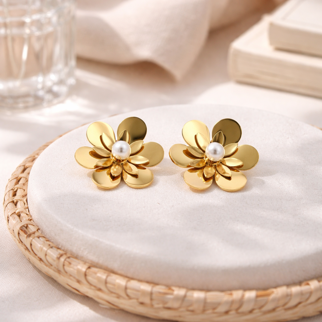 Délicates et lumineuses, ces boucles d'oreilles clous dorées fleur et perle blanche séduisent par leur design floral raffiné. La structure dorée en forme de fleur met en valeur une perle blanche centrale qui apporte douceur, élégance et féminité à l’ensemble.