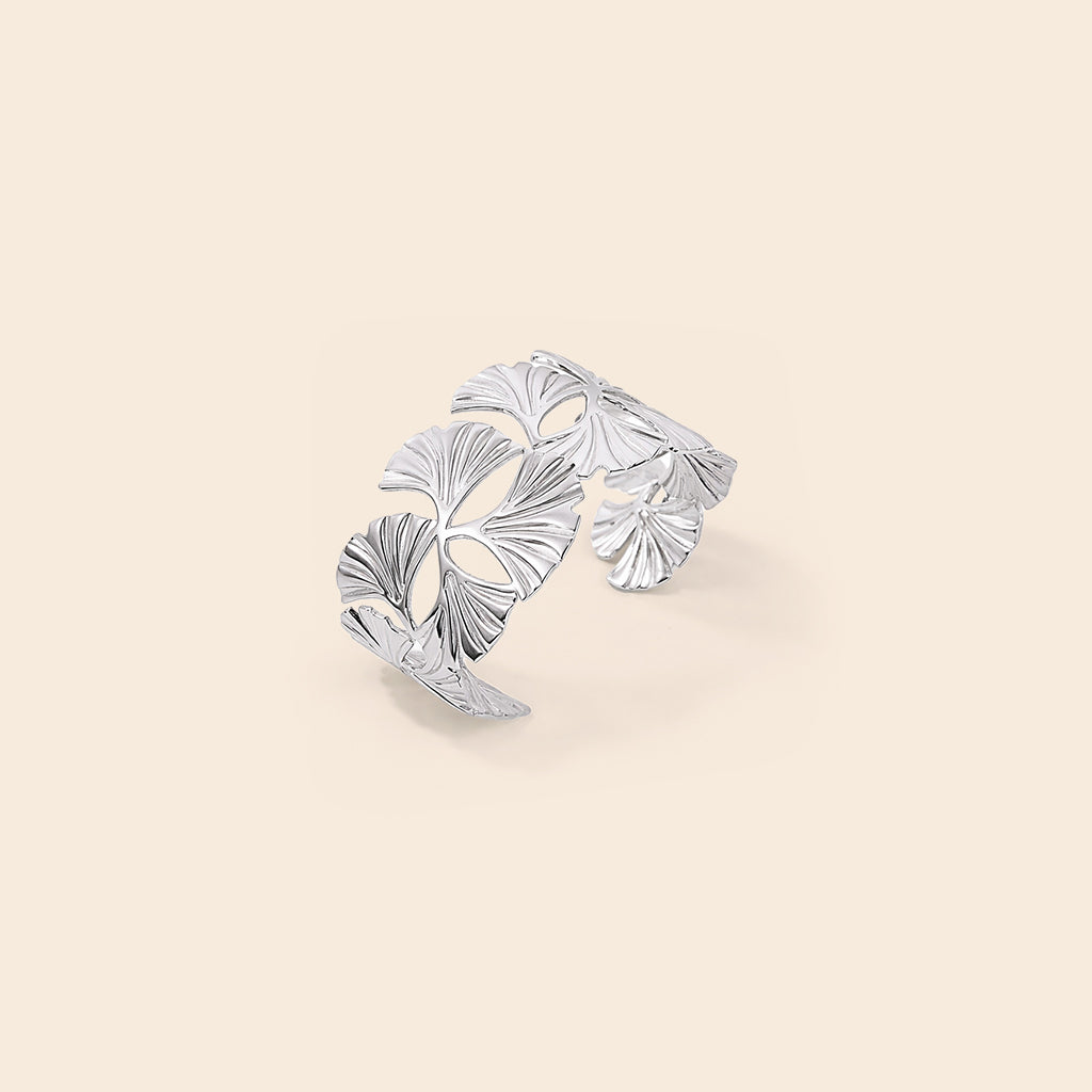 Bracelet manchette argenté motif feuilles ginkgo
