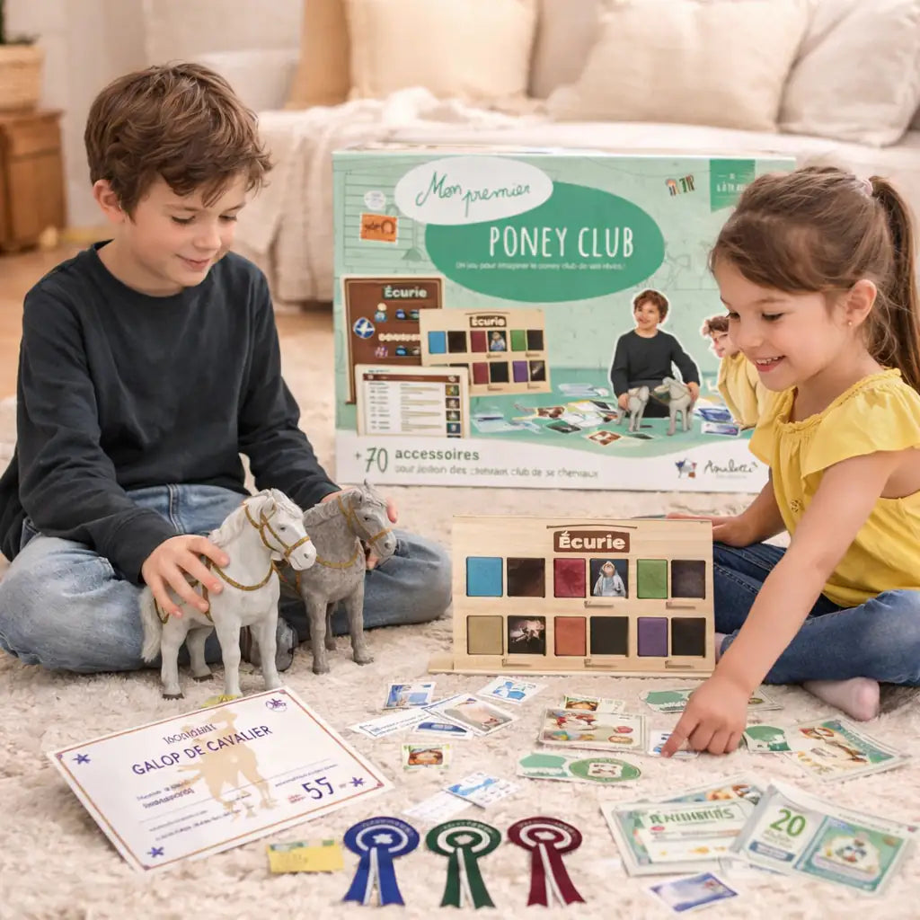 Plongez dans l’univers passionnant de l’équitation avec Mon Poney Club, un jeu immersif qui permet aux enfants de recréer la vie d’un véritable centre équestre. À travers de nombreux accessoires et activités, ils découvrent le soin des poneys, l’organisation des concours et l’apprentissage des règles du poney club.