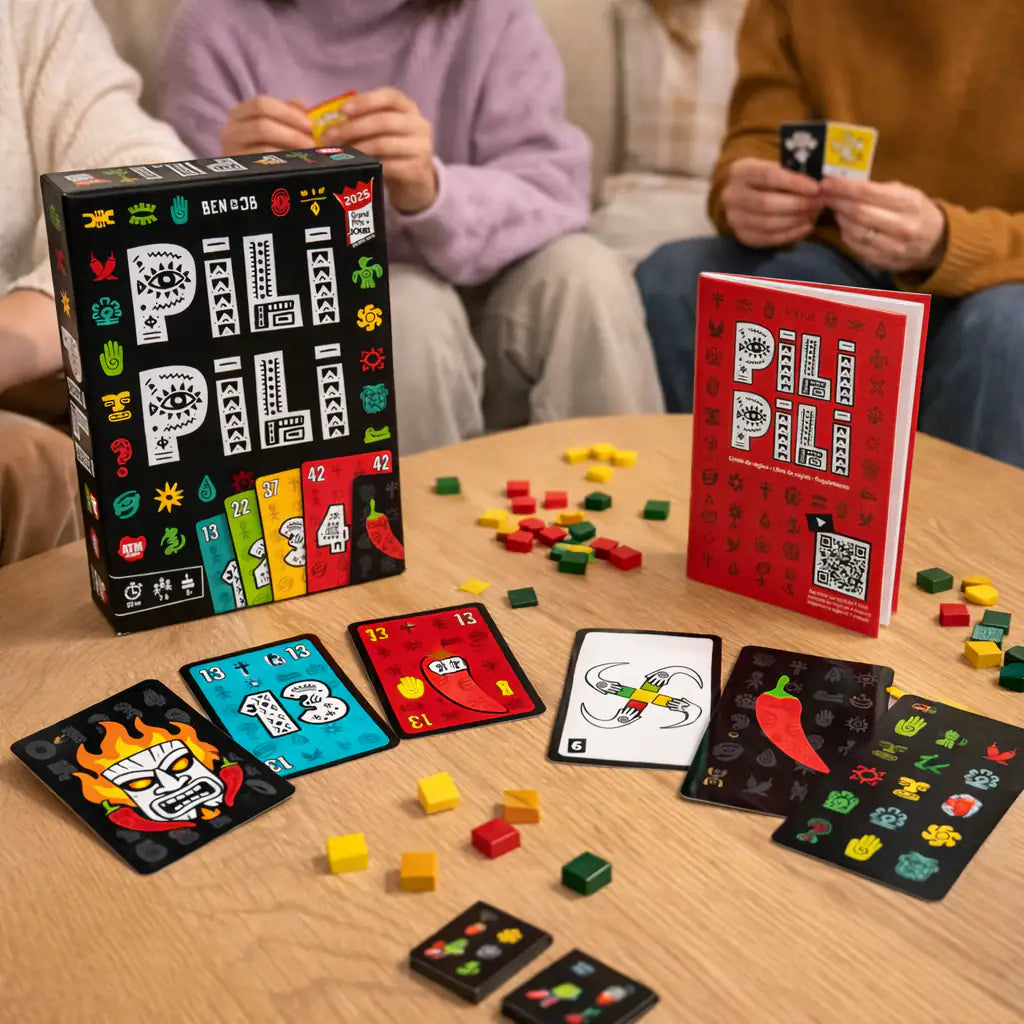 Épicé, fun et sans filtre, Pili Pili est un jeu de société d’ambiance qui met l’ambiance en un rien de temps. Questions piquantes, défis surprenants et révélations croustillantes : préparez-vous à des parties pleines de rires, de surprises… et de petits moments de gêne assumés 😄