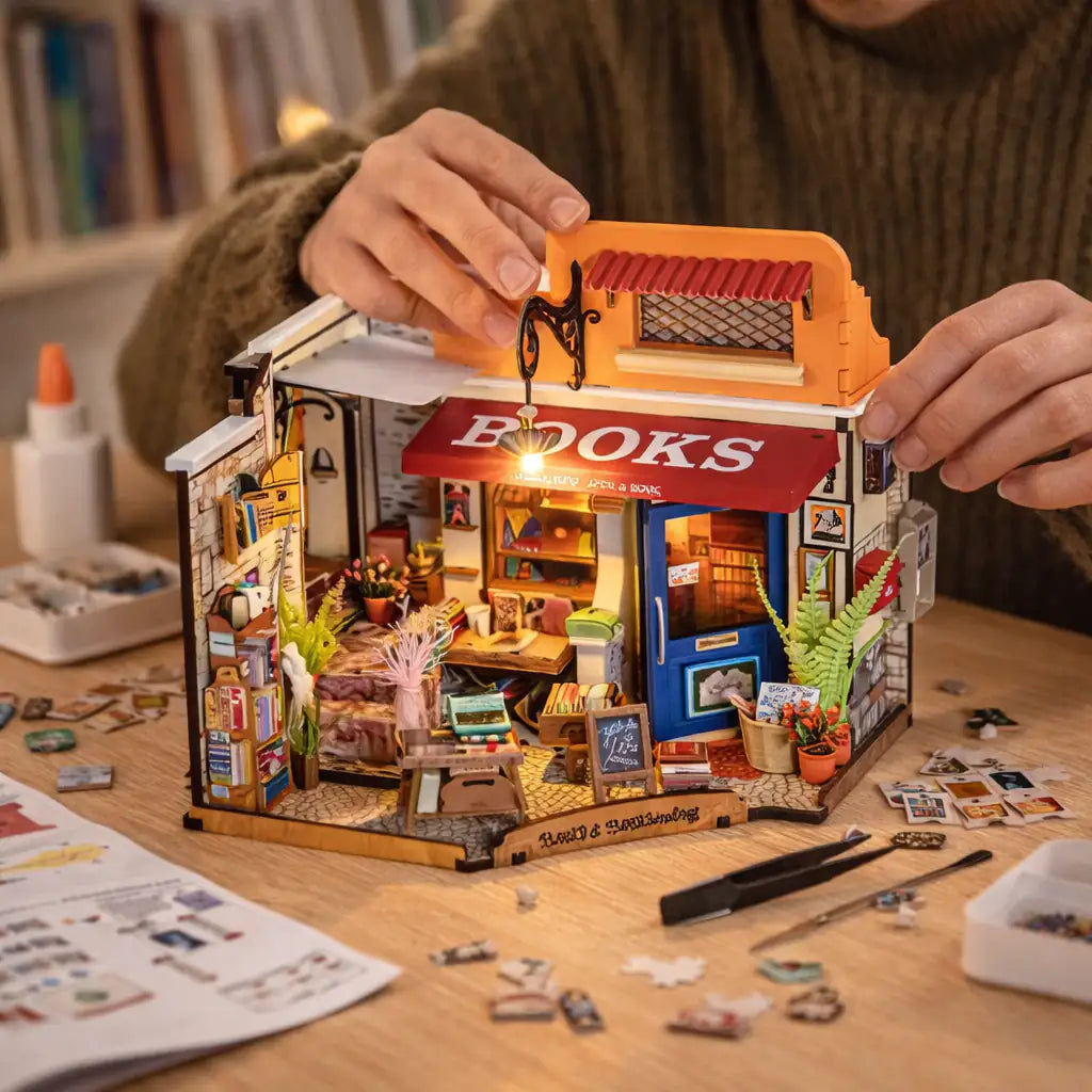 Créative et pleine de charme, la librairie d’angle DIY Robotime est une maquette miniature à assembler soi-même, conçue pour s’intégrer parfaitement dans un angle de bibliothèque ou d’étagère. Véritable objet décoratif, elle crée l’illusion d’un petit univers caché entre vos livres.