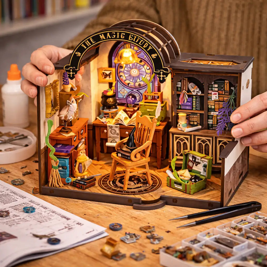 Plongez dans un univers mystérieux et enchanteur avec la maison miniature DIY Magic Study de Robotime. Cette maquette à assembler soi-même représente un cabinet d’étude magique rempli de détails fascinants : livres anciens, fioles mystérieuses, objets ésotériques et mobilier miniature soigneusement conçu.
