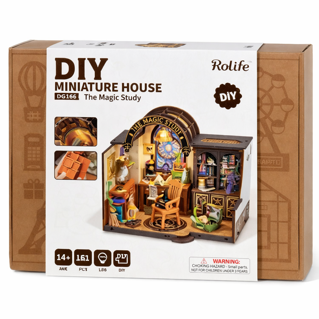 Plongez dans un univers mystérieux et enchanteur avec la maison miniature DIY Magic Study de Robotime. Cette maquette à assembler soi-même représente un cabinet d’étude magique rempli de détails fascinants : livres anciens, fioles mystérieuses, objets ésotériques et mobilier miniature soigneusement conçu.
