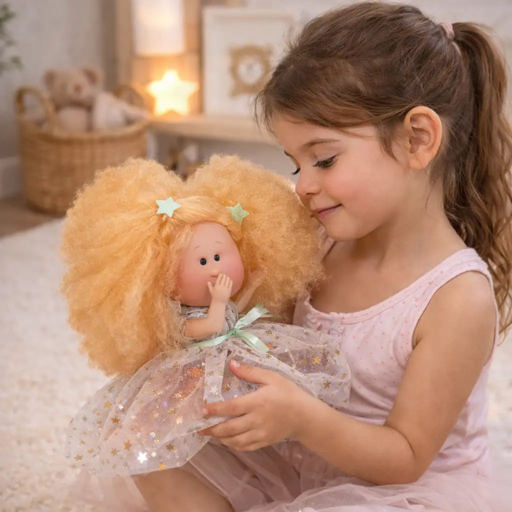 Douce, joyeuse et pleine de tendresse, la poupée Mia Barbe à Papa de la marque Nines d’Onil séduit par son look gourmand et son expression délicate. Habillée d’une tenue aux couleurs sucrées inspirées de la barbe à papa, elle invite les enfants à des moments de jeu remplis de douceur et d’imagination.