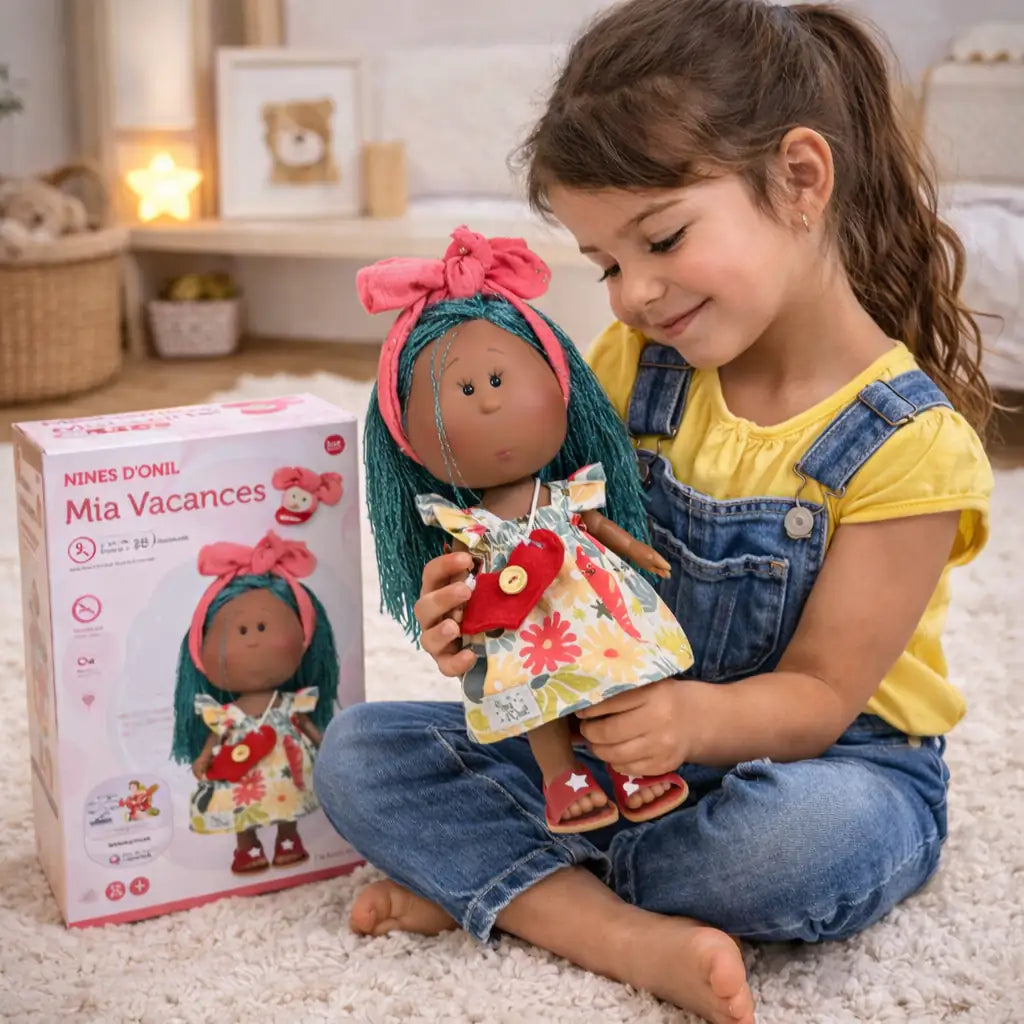 Pleine de charme et de douceur, la poupée Mia Mulata de vacances de la marque Nines d’Onil séduit par son réalisme, son expression délicate et ses finitions soignées. Habillée d’une tenue estivale, elle invite à l’évasion, au jeu et à l’imagination, tout en valorisant la diversité à travers une poupée élégante et naturelle.