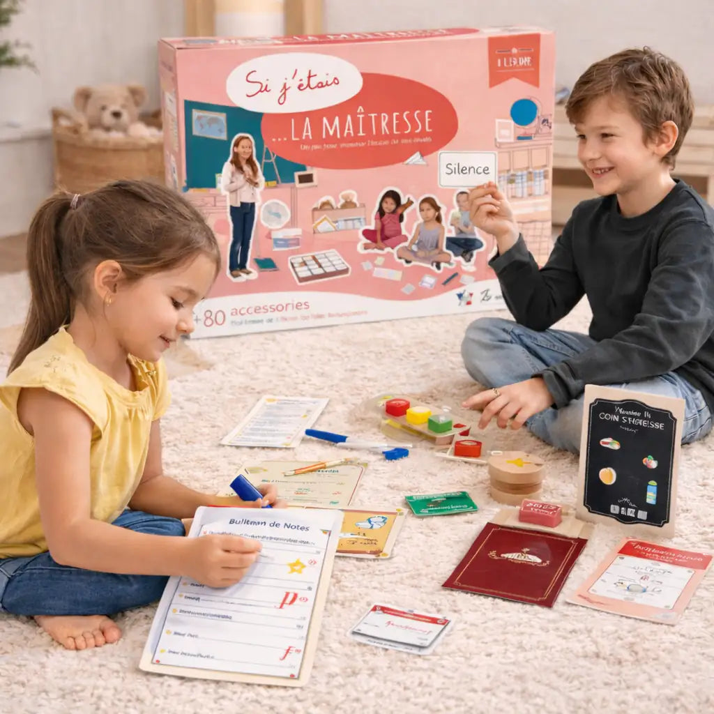 Avec l’amulette « Si j’étais la maîtresse », les enfants s’amusent à imiter le quotidien de l’école et à inventer leurs propres histoires. À travers le jeu d’imitation, ils développent leur imagination, leur créativité et leur sens de l’organisation, tout en rejouant les moments familiers de la classe.