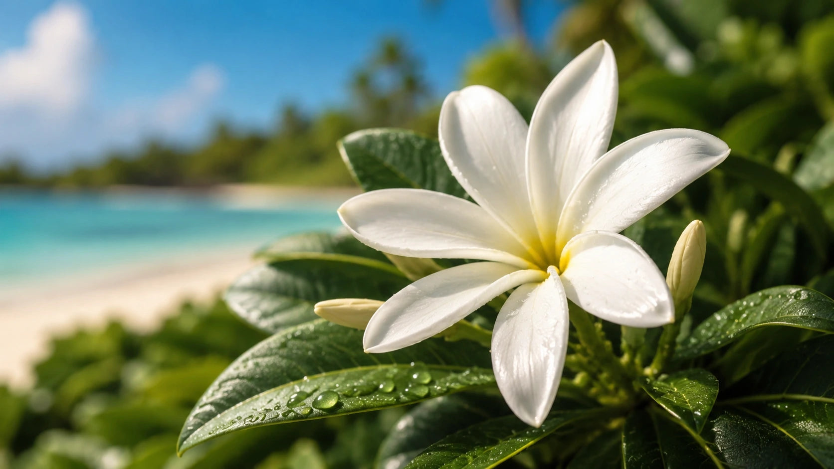 Fleur de Tiaré en gros plan, fleur tropicale utilisée dans les parfums solaires et exotiques